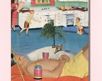 DÍA LIBRE DE PAPÁ (Collage hecho a mano, arte de los años 50, arte feminista, regalo del Día del Padre, arte de collage vintage, collage surrealista, arte surrealista)