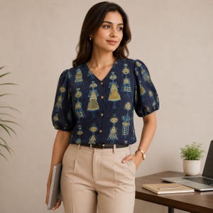 Blouse van katoen met een bijzondere print, top met pofmouwen en knoopsluiting, zomerblouse met V-hals voor dames, boho-stijl blouse met tribalprint, casual boho-zomertop, cadeau voor haar
