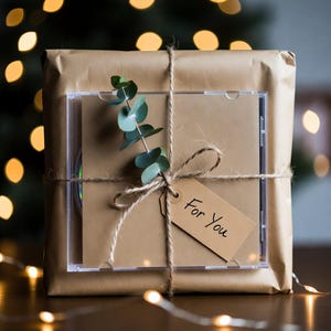 Peut inclure: Un cadeau emballé dans du papier brun, attaché avec de la ficelle et une branche d'eucalyptus. Un boîtier de CD transparent est visible, avec une étiquette cadeau qui dit "For You". L'arrière-plan a des lumières floues.