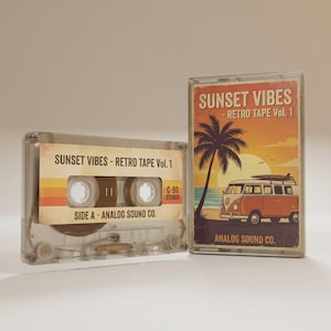 May include: A clear cassette tape and its case with a retro design. The cassette tape label and case feature the text "SUNSET VIBES - RETRO TAPE Vol. 1". The case art depicts a palm tree, a vintage van, and a sunset.
