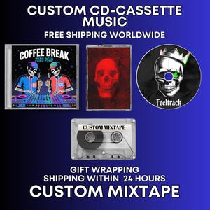 Könnte beinhalten: Werbebild für kundenspezifische Musikprodukte. Es zeigt eine CD-Hülle mit einem Skelett-DJ-Grafik, eine rote Schädel-CD-Hülle, eine CD mit einem Schädel mit Krone und eine Kassette. Der Text enthält "CUSTOM CD-CASSETTE MUSIC" und "CUSTOM MIXTAPE."