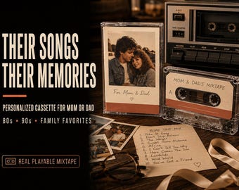 May include: A clear plastic cassette case with a custom photo insert featuring a couple, labeled For Mom & Dad. Beside it, a cassette tape labeled MOM & DAD'S MIXTAPE, a handwritten tracklist titled ROAD TRIP MIX, and a vintage tape player.
