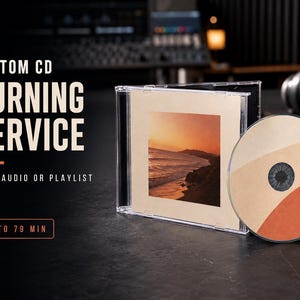 May include: A clear plastic CD jewel case with a square insert featuring a sunset beach photograph, accompanied by a matching disc with beige and terracotta abstract shapes. Text reads: CUSTOM CD BURNING SERVICE, YOUR AUDIO OR PLAYLIST, UP TO 79 MIN.