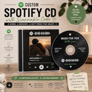 Może przedstawiać: Niestandardowa płyta CD Spotify ze skanowalnym kodem. Etui na płytę CD zawiera zdjęcie i tekst "Our Songs". Płyta CD jest czarna z napisem "Made for You With Love". Obraz zawiera tekst: "Piosenka. Wspomnienie. Prezent od serca."