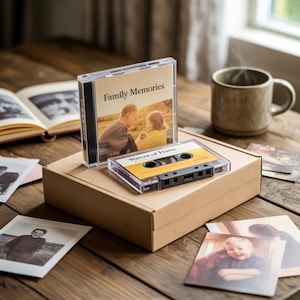 May include: A CD case and cassette tape labeled "Family Memories" and "Voices of Home" sit on a cardboard box. The CD case shows a father and child. A mug and old photographs are also on the wooden surface.