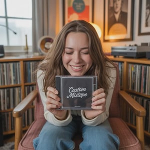 May include: A person holding a black CD case with the words "Custom Mixtape" in white script. The person is smiling, and the background includes a bookshelf filled with records and framed artwork.