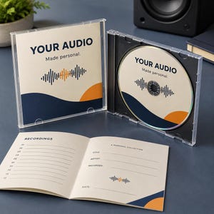 May include: A clear plastic CD jewel case with a custom insert and matching disc, both featuring the text "YOUR AUDIO Made personal." and a sound wave graphic. An open paper booklet with "RECORDINGS" and "A PERSONAL COLLECTION" text is displayed in front.