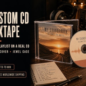 Könnte beinhalten: Ein individuelles CD-Mixtape in einer transparenten Kunststoffhülle mit einem Fotocover, das eine Straße bei Sonnenuntergang zeigt. Die Disc ist mit dem Text My Soundtrack The Songs That Matter und einer Wellenform bedruckt, dazu eine handgeschriebene Titelliste.