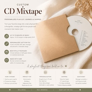 May include: Custom CD Mixtape with a personalized playlist, burned and shipped. The CD is in a kraft paper sleeve. The CD has the text "OUR ROAD TRIP" and a list of songs. The text on the image says "A playlist they can hold on to."