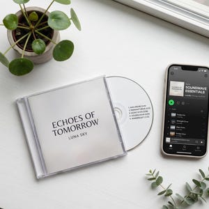 Puede incluir: Una caja de CD con el texto "ECHOES OF TOMORROW LUNA SKY" junto a un CD y un teléfono inteligente que muestra una lista de reproducción de música. La lista de reproducción se titula "SOUNDWAVE ESSENTIALS". Una pequeña planta en maceta y ramitas de vegetación también están en la imagen.