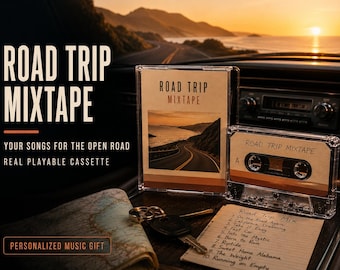 Road Trip Mixtape Cassette – Personalized Playable Tape with Your Songs – Custom Gift for Car Lovers