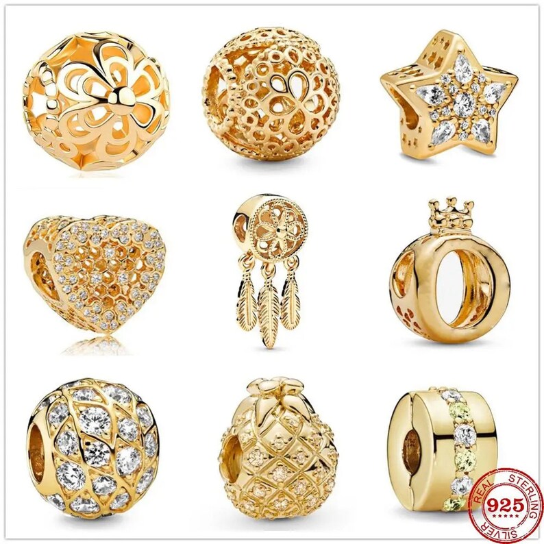 Encanto de Pandora, encantos de reflexión Cuenta de metal Atrapasueños Flor Encanto de oro apto para dijes colgantes originales Pulsera de plata 925 Joyería de mujer DIY imagen 1