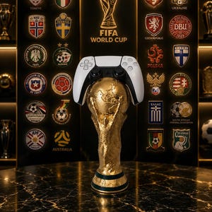 May include: A white and black video game controller rests atop a gold FIFA World Cup trophy. The background features a dark wall display with illuminated gold national football federation emblems and the FIFA World Cup logo in the center.