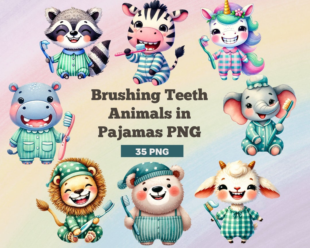 Cute Animals Clipart, Animals in Pajamas PNG, Animal Brush Teeth Png ...