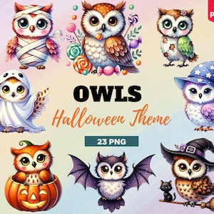 Owl Halloween PNG, Kawaii Cute Owl Halloween Clipart Watercolor, Ghost, Pumpkin, Skeleton, Witch, Vampire in transparent background Bundle