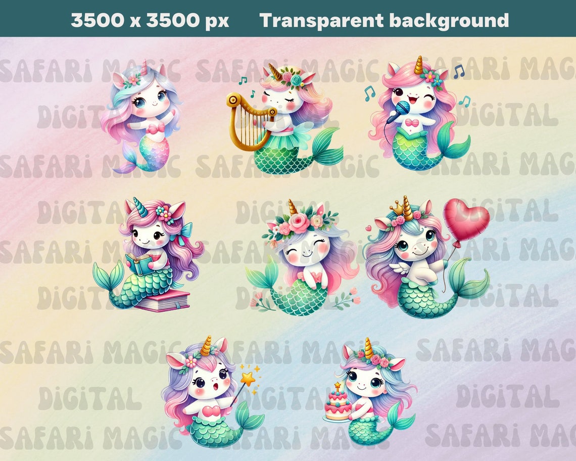 Cute Unicorn Mermaid PNG Watercolor Mermicorn Clipart Nursery Decor ...