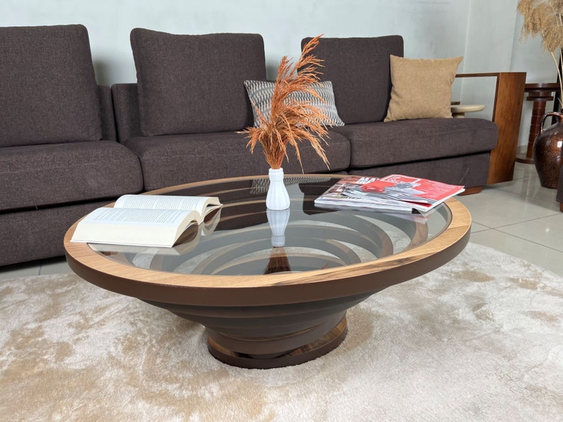 Oval Wood Coffee Table for Living Room, Large Ellipse Walnut Coffee