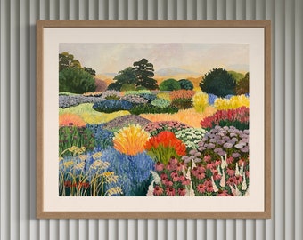 Wildblumenwiesenlandschaft mit bläulichen und warmen Farben, Poster, kunstvolle Kunst, Landschaftswandkunst, Kunstdruck, Wandkunst, Wanddeko, blumig