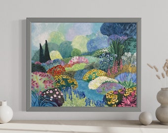 Puede incluir: Una pintura colorida de un jardín con una variedad de flores en tonos de rosa, morado, amarillo, azul y rojo. El jardín está rodeado de árboles y arbustos, y hay un pequeño arroyo que lo atraviesa.