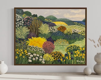 Puede incluir: Una pintura de un jardín colorido con una variedad de flores y plantas. El jardín está situado en un fondo de cielo azul y una masa de agua. La pintura está enmarcada en un marco marrón.