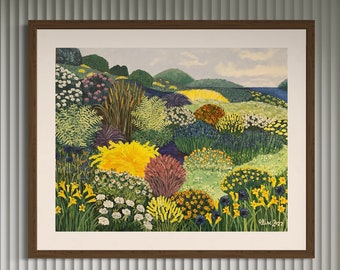 Wildflower meadow landscape with yellowish colors, art poster, artful art, landscape wallarte, art print, wall art, wall deco, floralful
