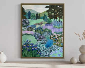 Puede incluir: Una pintura de un jardín exuberante con una variedad de flores azules, moradas y verdes. El jardín está situado en un fondo de colinas y árboles.