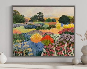 Puede incluir: Una pintura de un colorido prado de flores silvestres con una variedad de flores y hierbas en tonos de azul, amarillo, naranja, rojo y morado. El prado se encuentra en un fondo de colinas onduladas y un cielo despejado.