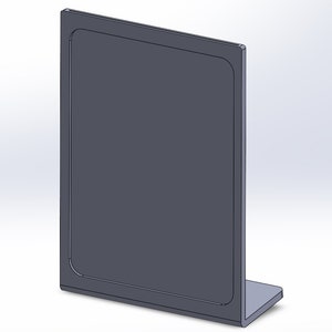 May include: A dark gray, rectangular stand with a rounded frame. The stand is upright with a small base, designed to hold a sign or display item. The design is simple and modern, suitable for various uses.