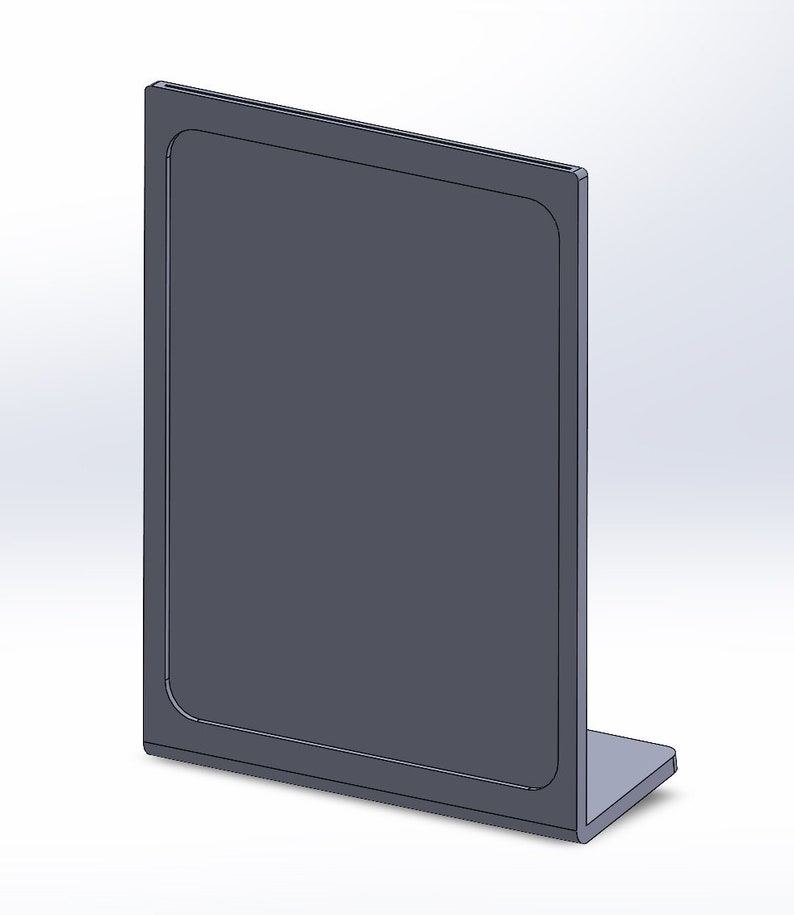 May include: A dark gray, rectangular stand with a rounded frame. The stand is upright with a small base, designed to hold a sign or display item. The design is simple and modern, suitable for various uses.