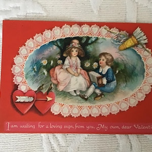 Cartão de Dia dos Namorados Antigo Recortado e Sem Assinatura com Envelope Original Início dos anos 1900