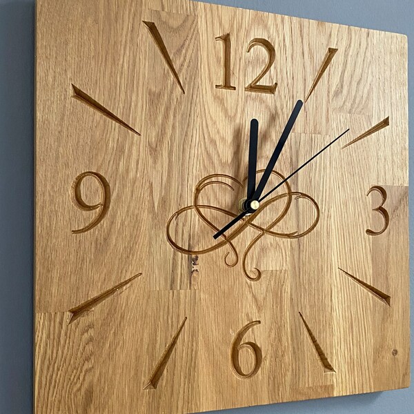 Wall clock wood oak engraved,  Wall decor wooden oak natural, Heart infiniti, Decor Engraved Rustil, Modern Farmhouse.