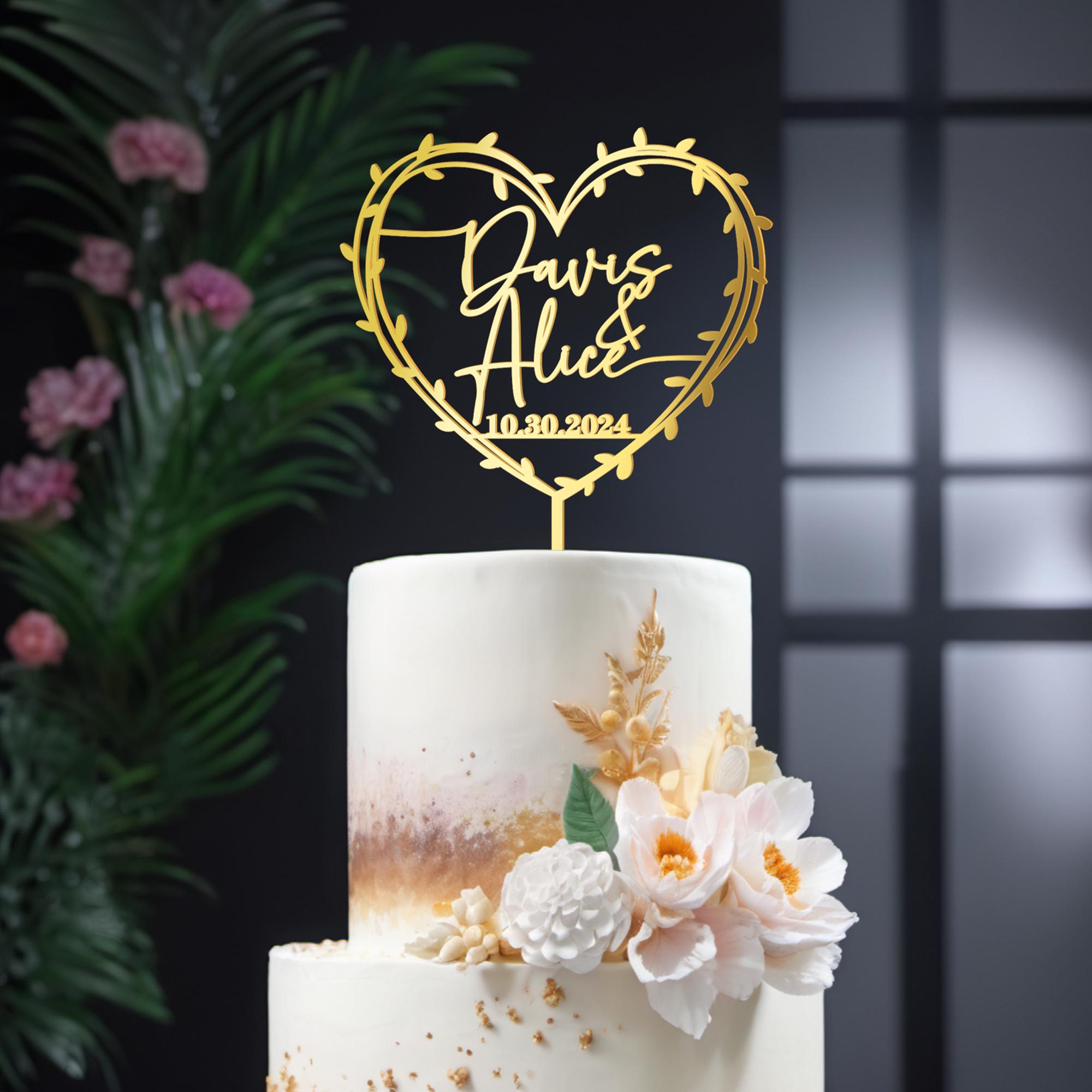 Personalisiert Hochzeitstorte Topper – Mit Namen & Datum – Herz & Blätter Design – Acryl & Holz