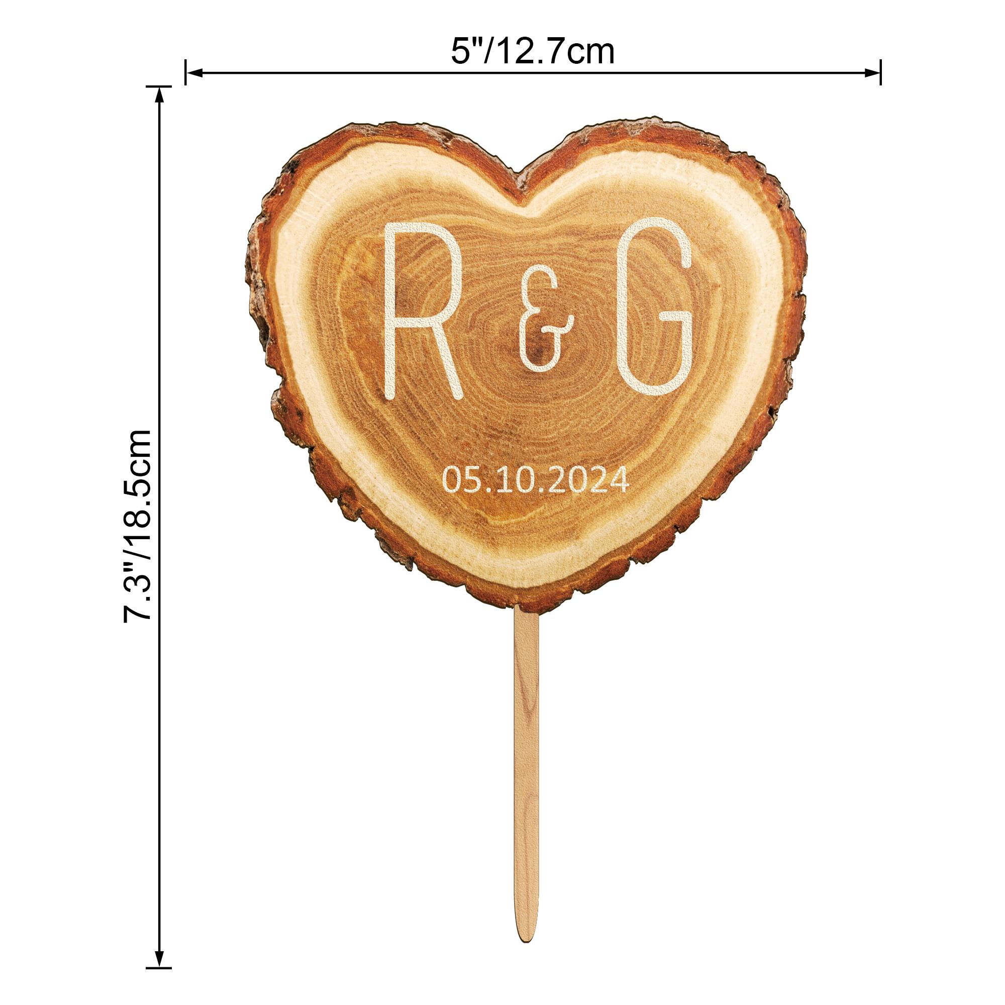 Personalisiertes Hochzeitstorten-Topper Aus Holz – Mit Initialen, Datum & Herz-Blätter-Design (wahlweise 5-7 Zoll)