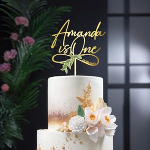 Personalized First Birthday Cake Topper: Custom Name, Acrylic Floral Design