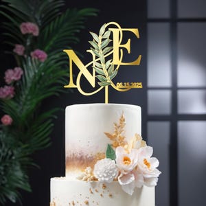 Cake Topper for Wedding Custom Initials Date Personalized Topper Engagement Cake Topper Wedding Green Leaves, Optional Rose Sets