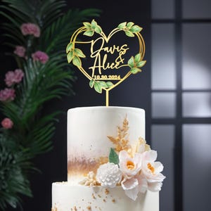 Rustic Heart Wedding Cake Topper Personalized Names and Date Custom Engagement Anniversary Topper Green Leaves with Optional Floral Sets