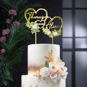 Custom Wedding Cake Topper: Names, Date, Floral Heart Design