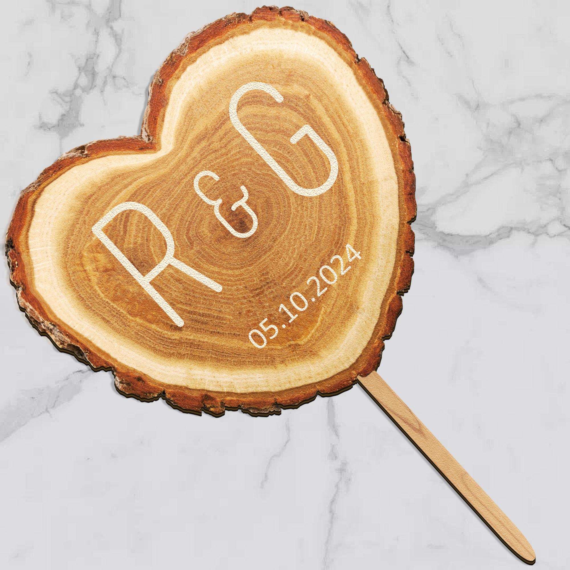 Personalisiertes Hochzeitstorten-Topper Aus Holz – Mit Initialen, Datum & Herz-Blätter-Design (wahlweise 5-7 Zoll)