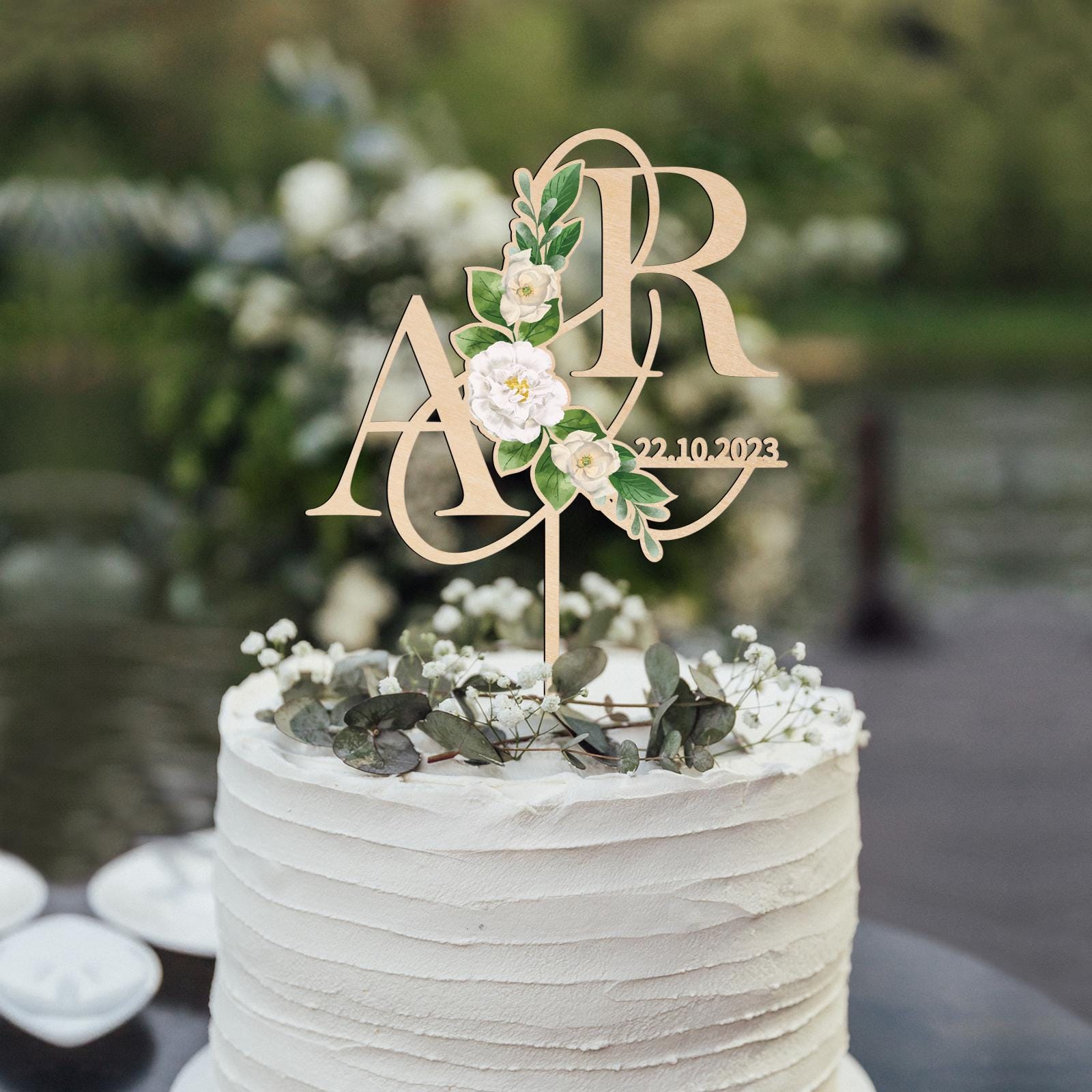 Personalisiert Hochzeitstorten-Topper Mit Initialen & Datum – Acryl & Holz Dekoration In Herz- & Blatt-Design