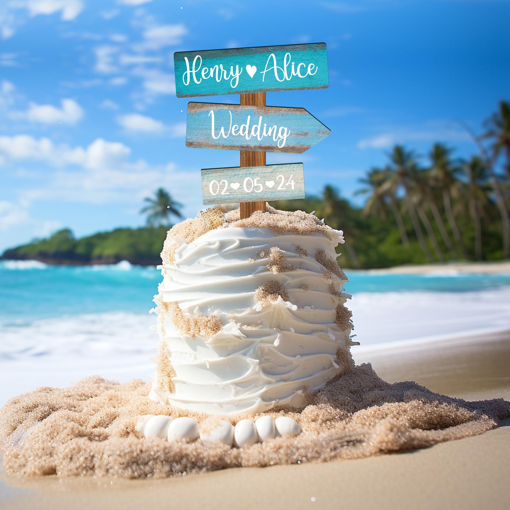Personalized Beach Wedding Cake Topper: Rustic Wood Guidepost Decoration