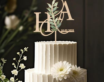 Personalized Wedding Cake Topper: Initials & Date, Green Leaves Design