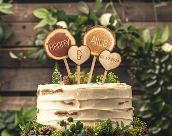 Rustic Wedding Cake Topper: Custom Names & Date, Wood Slice Design