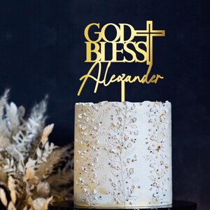 God Bless Baptism Cake Topper Personalized Christening Cake Decoration Custom Name Holy Cross Cake Topper in Acrylic and Wood (Design 1)