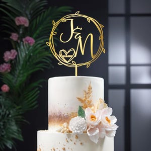 Wedding Cake Topper Personalized Cake Decoration Custom Initials and Date in Heart Leaf Wreath Engagement Topper, Optional Floral Sets