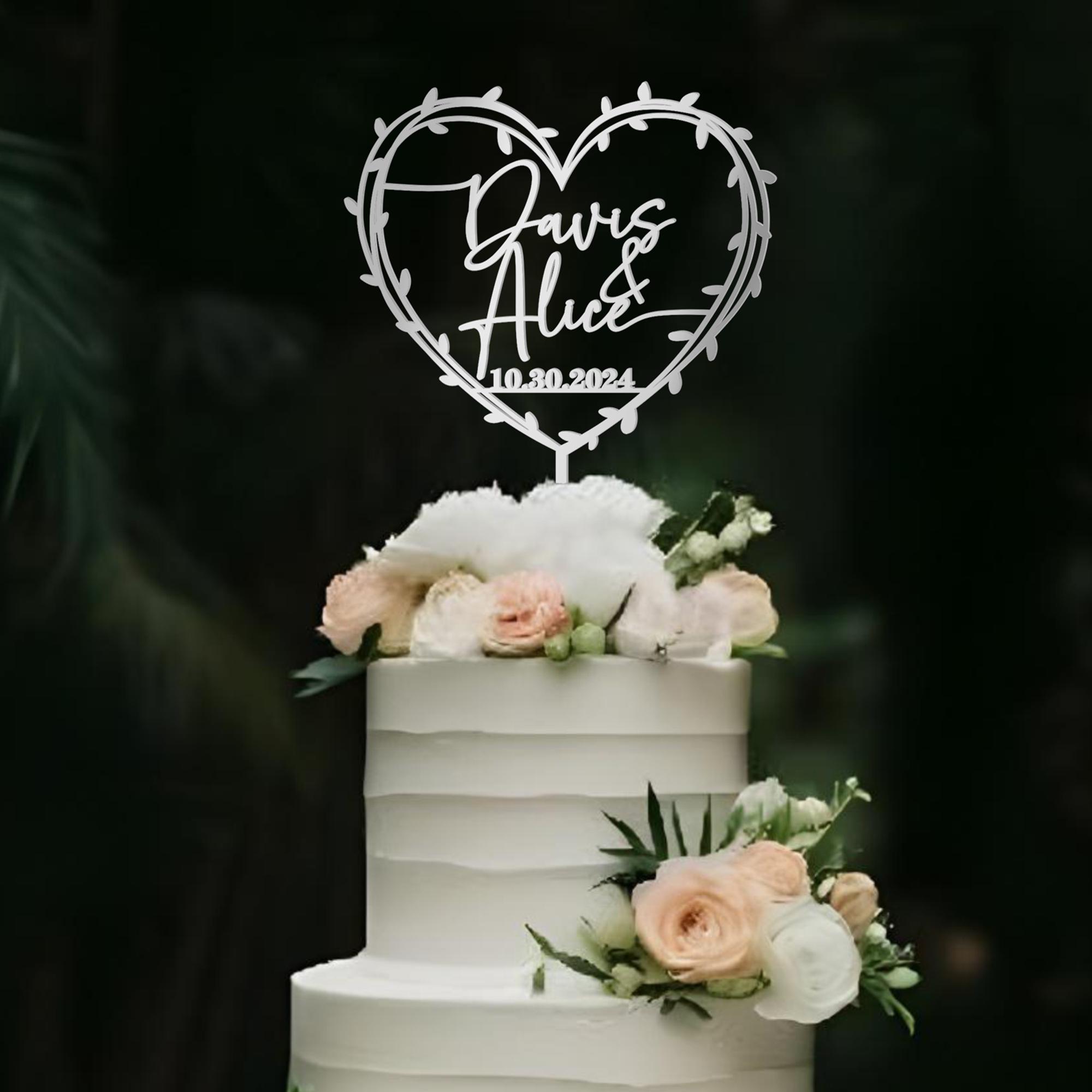Personalisiert Hochzeitstorte Topper – Mit Namen & Datum – Herz & Blätter Design – Acryl & Holz