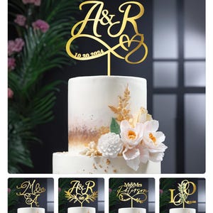 Wedding Cake Topper Custom Initials Name Date Personalized Wedding Cake Decoration Gold Acrylic Multiple Designs, Optional Rose Sets