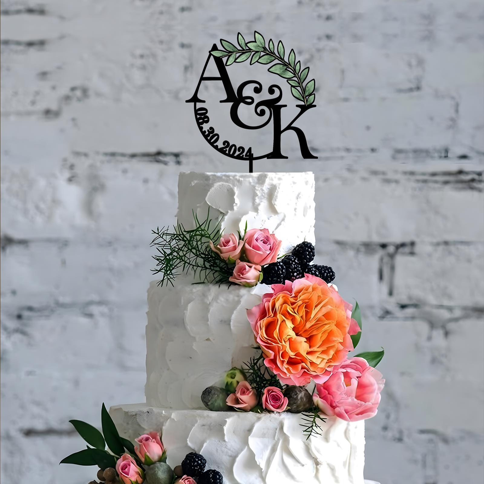 Personalized Wedding Cake Topper — Acrylic & Wood With Initials & Date, Green Leaves Design - View #10