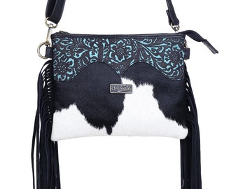 Sapphire Sky Leather Crossbody-Suede Fringed Leather Shoulder Bag with Adjustable Strap