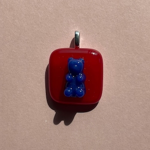 Fused Glass Pendant – Shiny Red & Blue Gummy Bear Looks Good Enough to Eat!