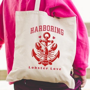 Harbor Lobster Love Tote Bag, Fisherman Aesthetic Cotton Canvas Bag, Eco-Friendly Beach Tote, Gift, Book Bag